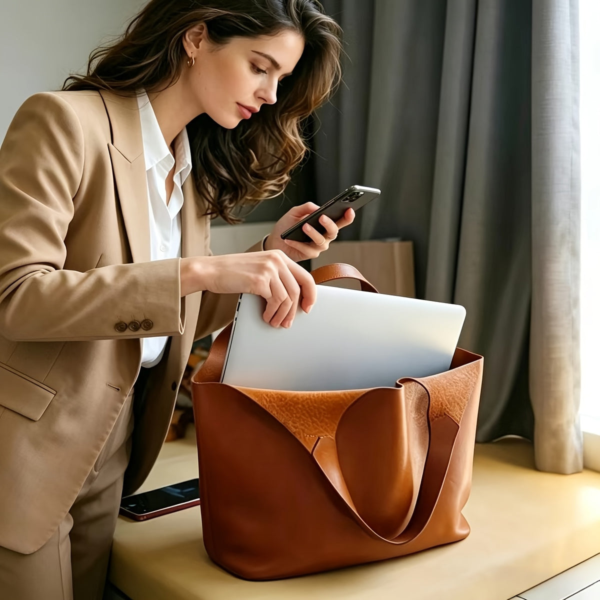 Weiche Leder Handtasche Damen Braun – Großes Fassungsvermögen, Personalisierbar, Tablet-Tasche